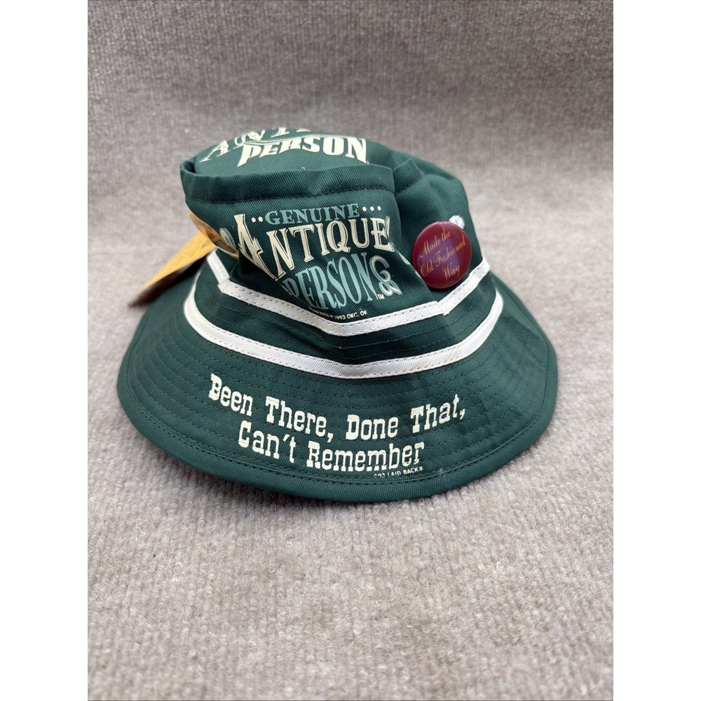 Vtg 90s Laid Back Antique Person Green Funny Fishing Bucket Hat With Pins